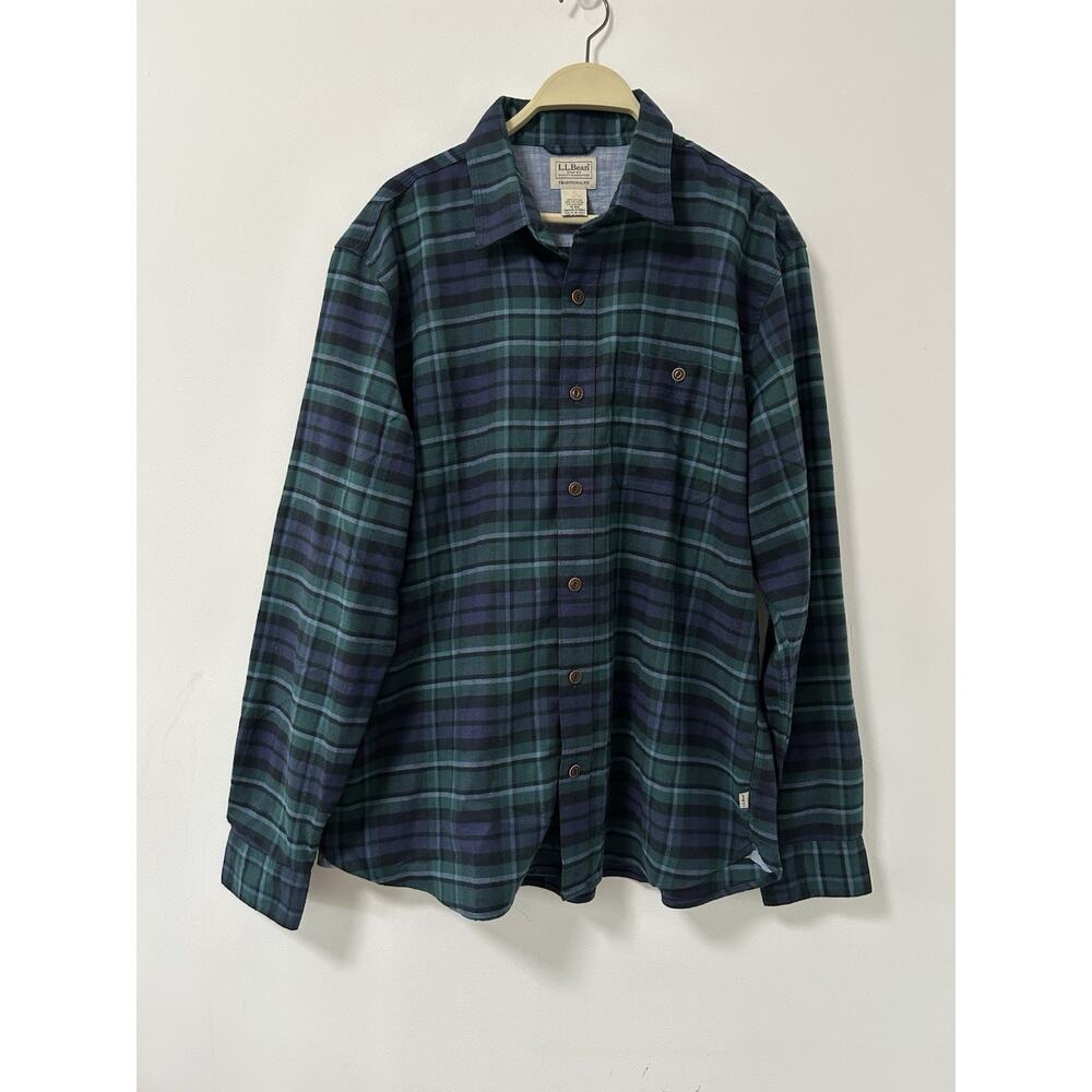 LL Bean BeanFlex All Season Flannel Shirt Mens Med Blue Green Elbow Patch Hiking